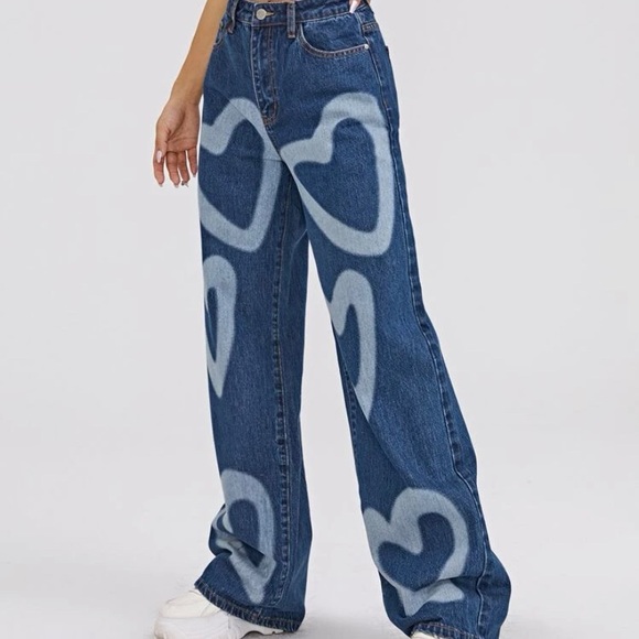 High waist Heart Jeans Print Wide Leg Jeans - Picture 2 of 2